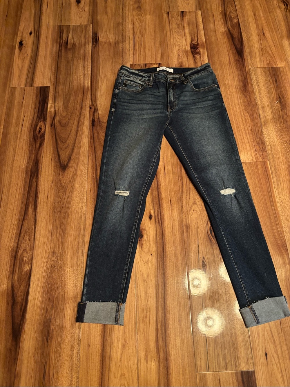 KanCan Dark Blue Washed Distressed Cuffed Boyfriend Jeans